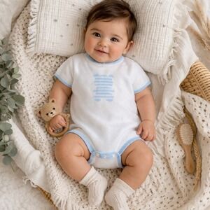 Prenatal White Blue Bear Knit Cotton Romper 3-6 Months Minimalist Baby Soft Cozy
